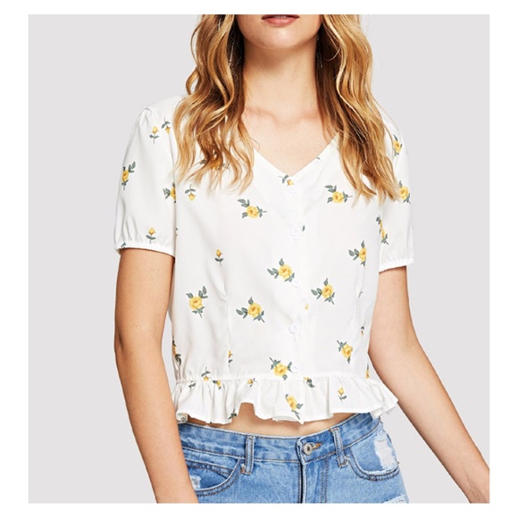 MBM Unlimited Tops - White Yellow Floral Button Down Frill Hem Blouse